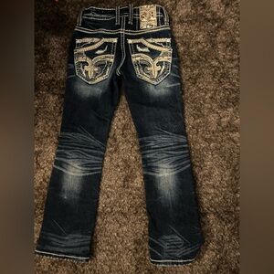 Rock Revival Men's Dark Blue Bootcut Jeans with Beige Embroidered Pockets